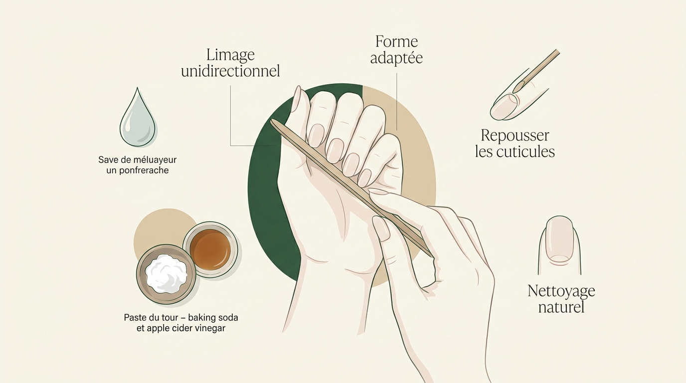Femme réalisant une manucure naturelle à domicile avec des outils en bois et des huiles