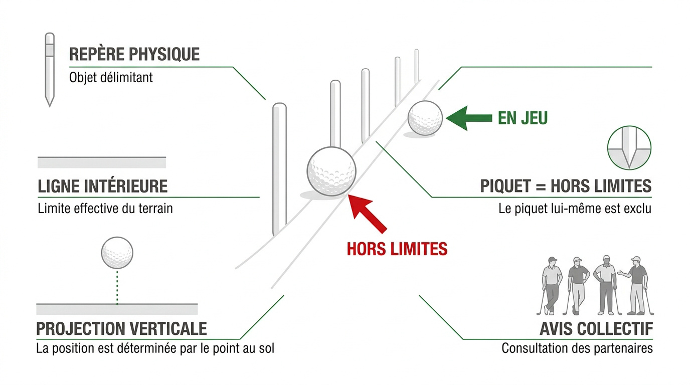 Infographie technique expliquant la délimitation des hors limites au golf avec les piquets blancs