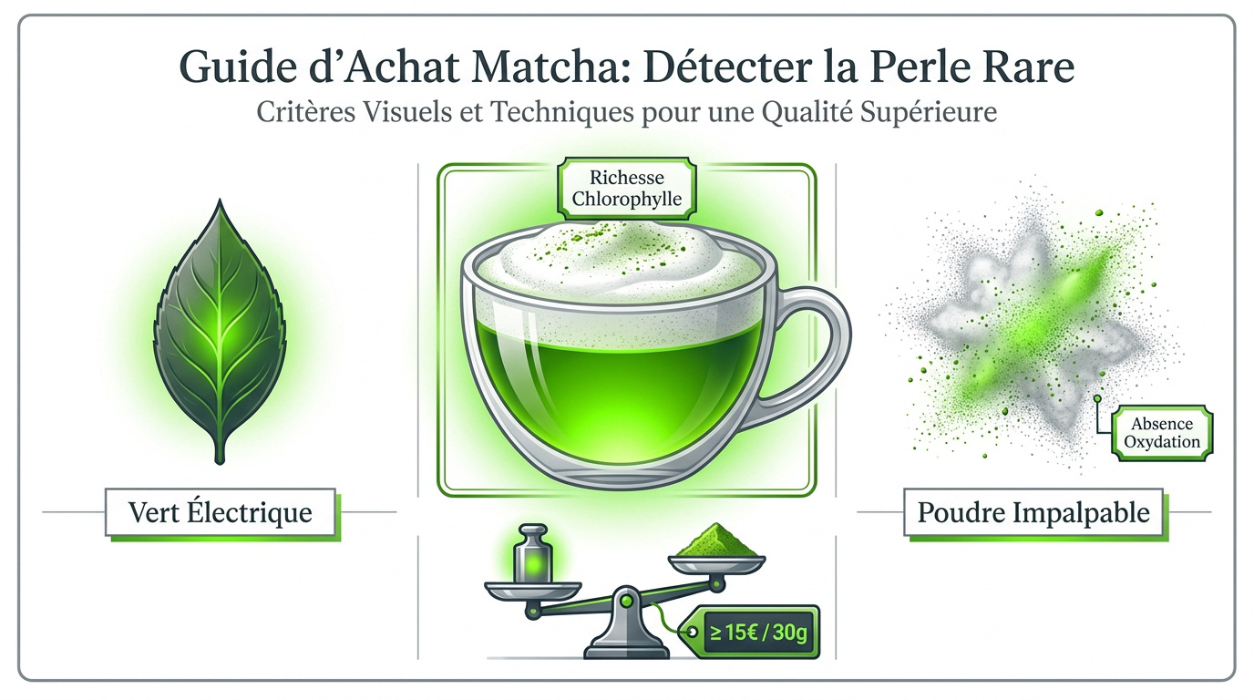 Comparaison visuelle entre un matcha de cérémonie vert vif et un matcha culinaire plus terne