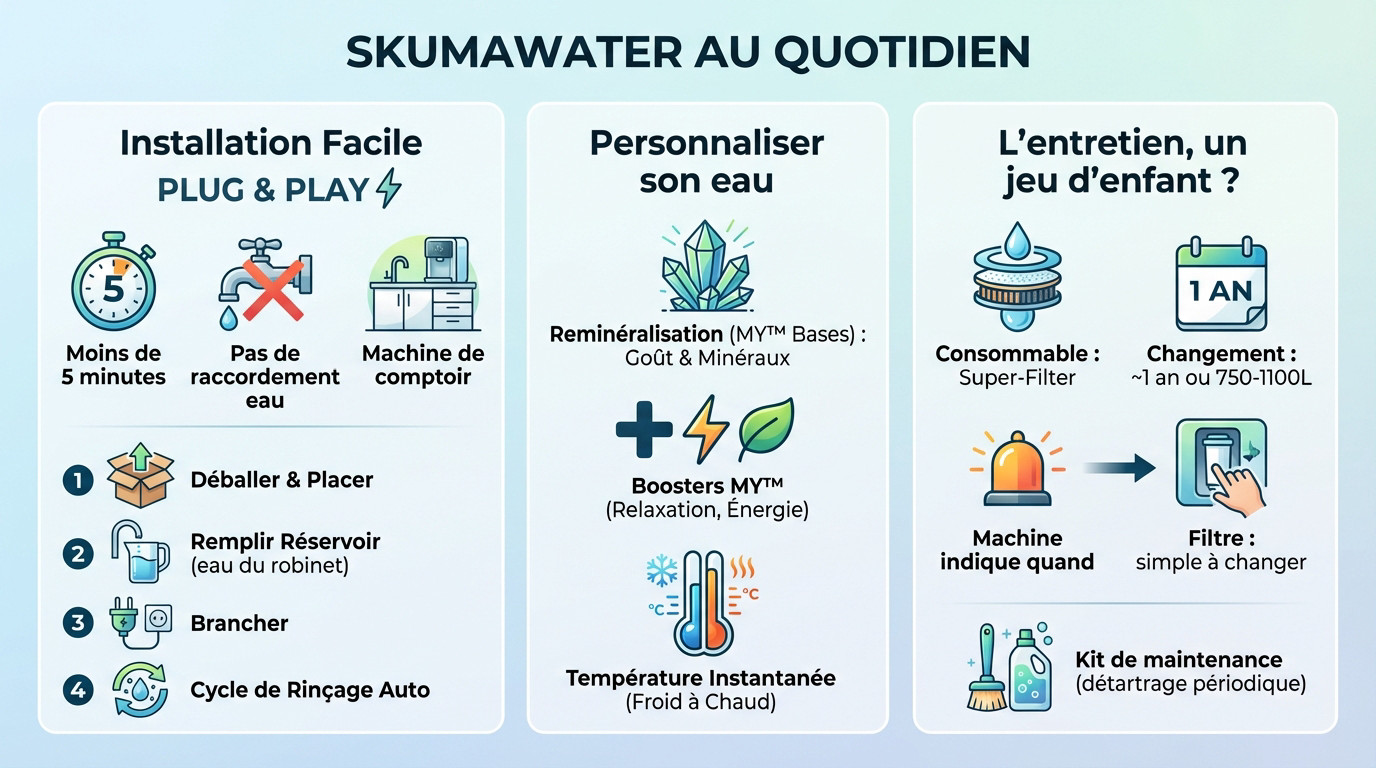Installation facile de la station Skumawater sur un plan de travail de cuisine
