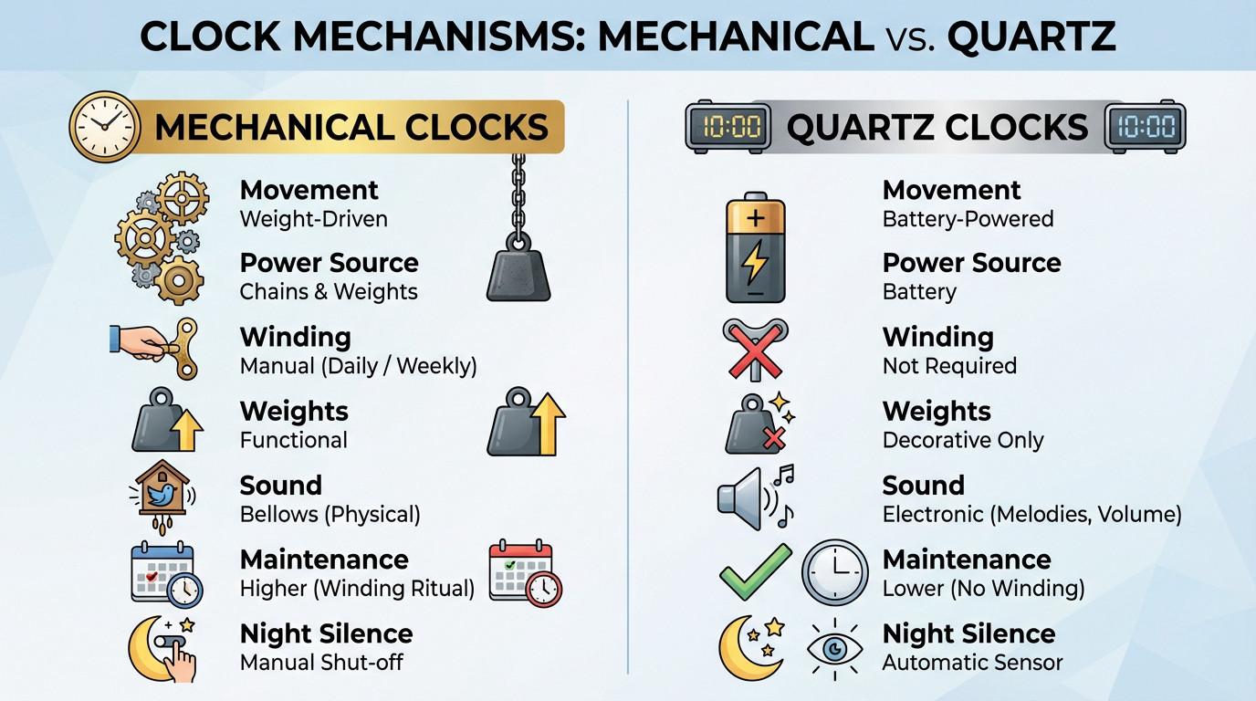 Comparison of mechanical weights versus battery-operated quartz cuckoo clock movements
