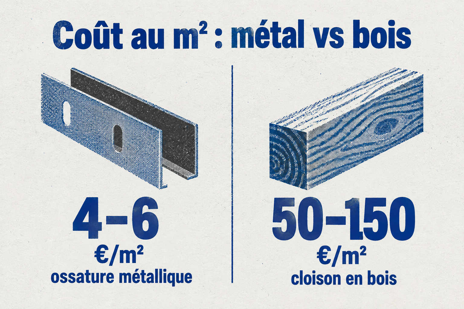 L'ossature métallique coûte 4 à 6 €/m² contre 50 à 150 €/m² pour une cloison en bois.