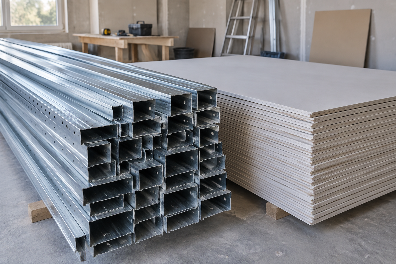 Pile de profilés métalliques et de plaques de plâtre prêts à monter une cloison