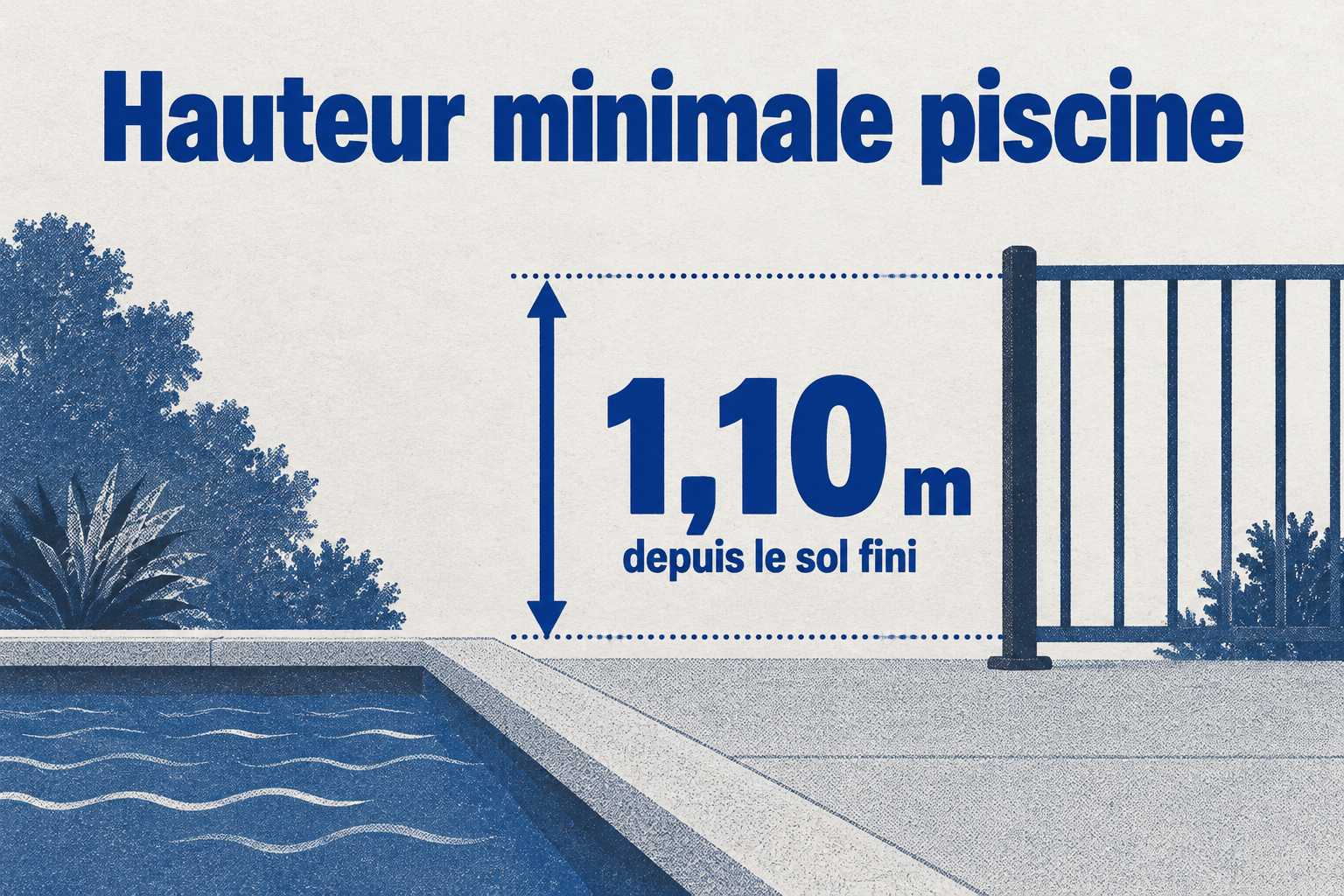 Le chiffre 1,10 m indique la hauteur minimale d'une clôture de piscine depuis le sol fini.
