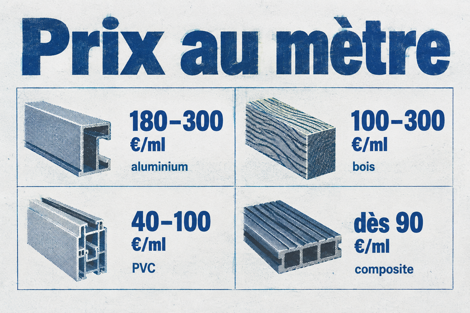 Prix au mètre linéaire : aluminium 180-300 €, bois 100-300 €, PVC 40-100 €, composite dès 90 €.