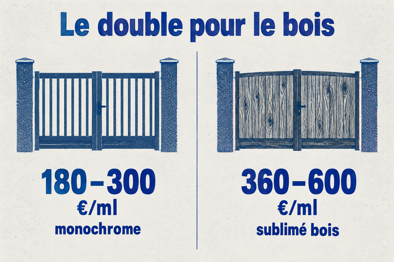 Le prix d'une clôture aluminium monochrome est de 180 à 300 €/ml, la finition sublimée bois de 360 à 600 €/ml.