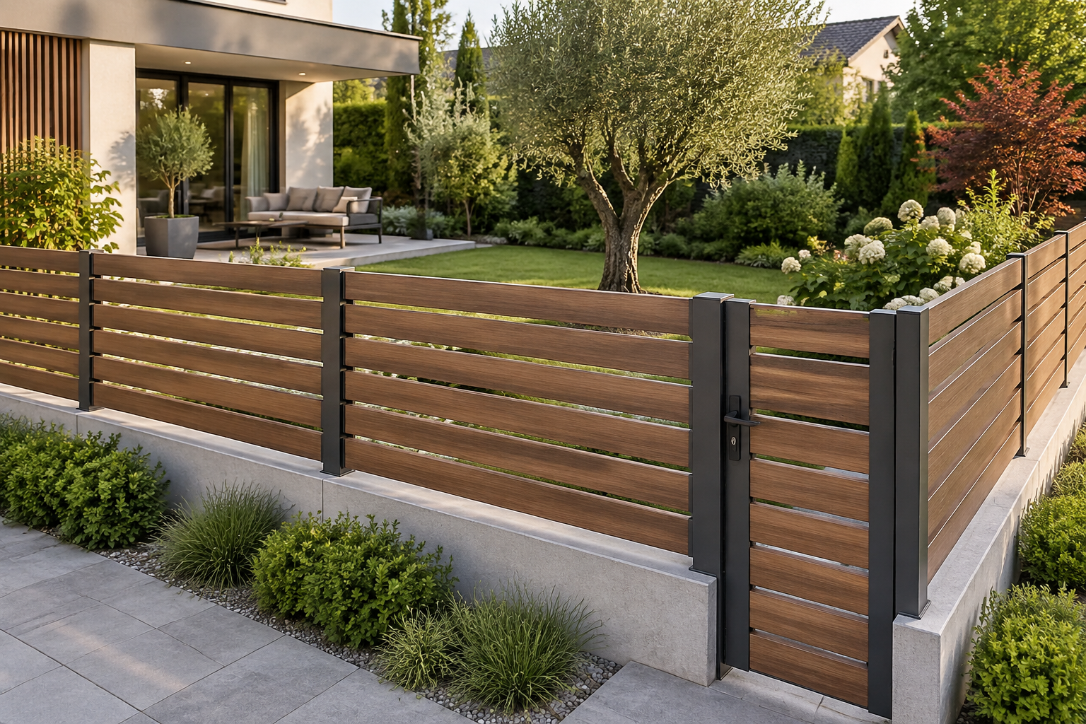 Clôture aluminium semi-ajourée finition bois délimitant un jardin privé