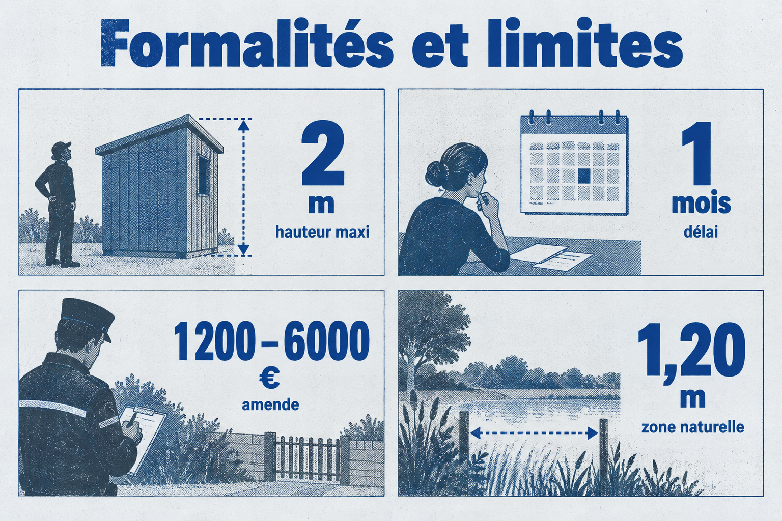 Quatre chiffres alignés : 2 m de hauteur, 1 mois de délai, 1 200 € d’amende minimale, 1,20 m en zone naturelle.