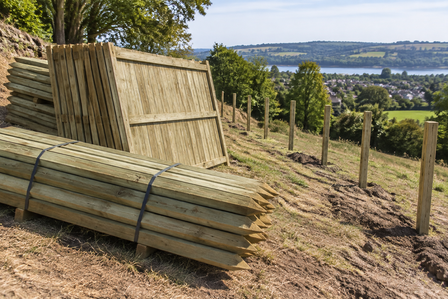 Poteaux et panneaux en bois prêts à être installés sur un terrain en pente