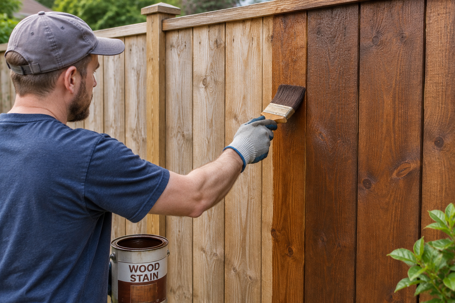 Application d'une lasure sur une clôture en bois au pinceau