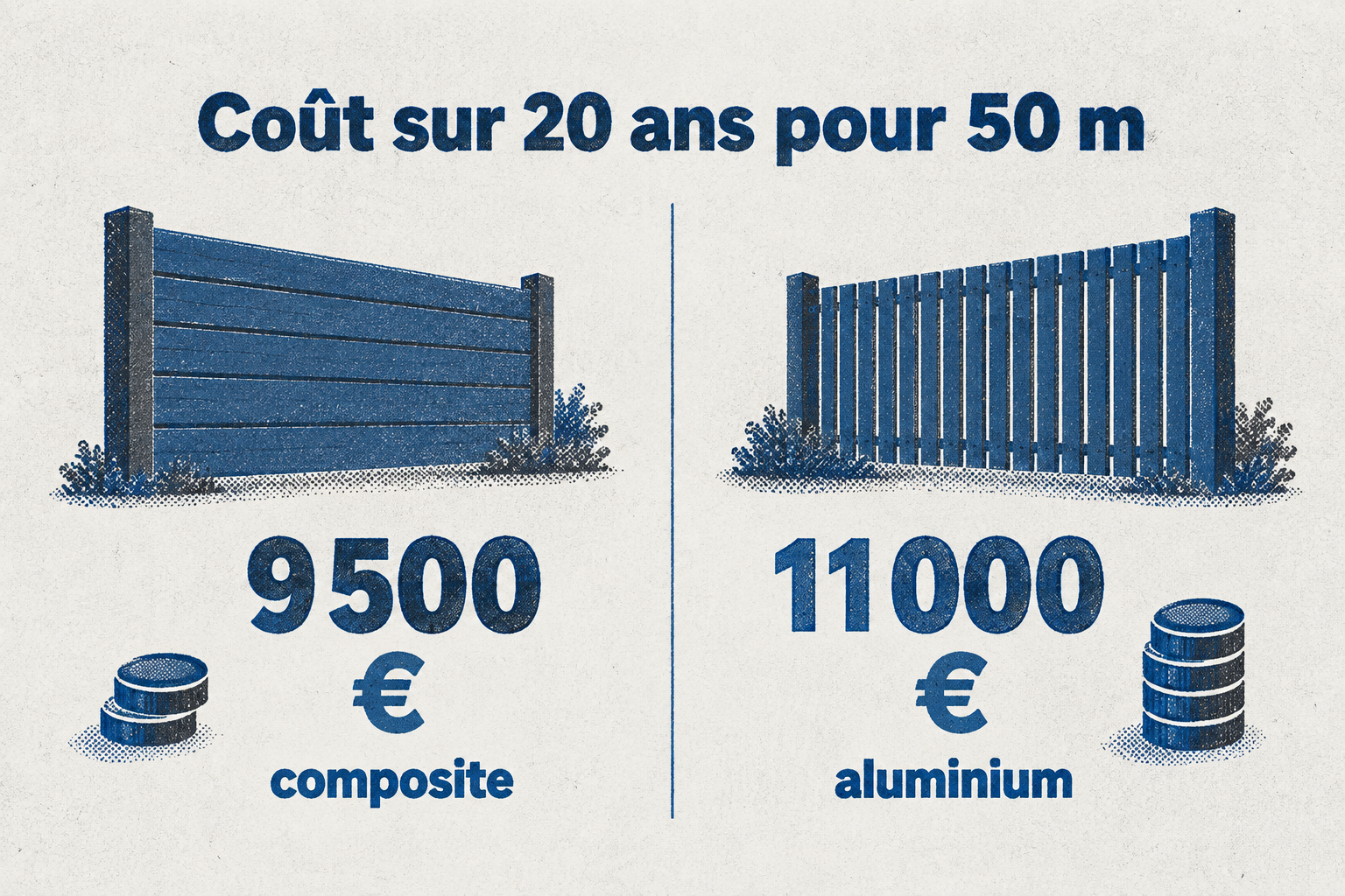 Comparaison de coûts sur 20 ans pour 50 mètres : 9 500 € pour le composite, 11 000 € pour l'aluminium.