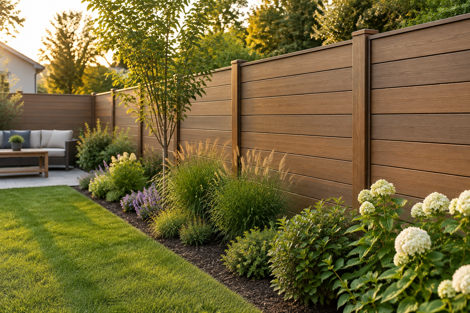 Clôture composite imitant le bois, aspect chaleureux dans un jardin