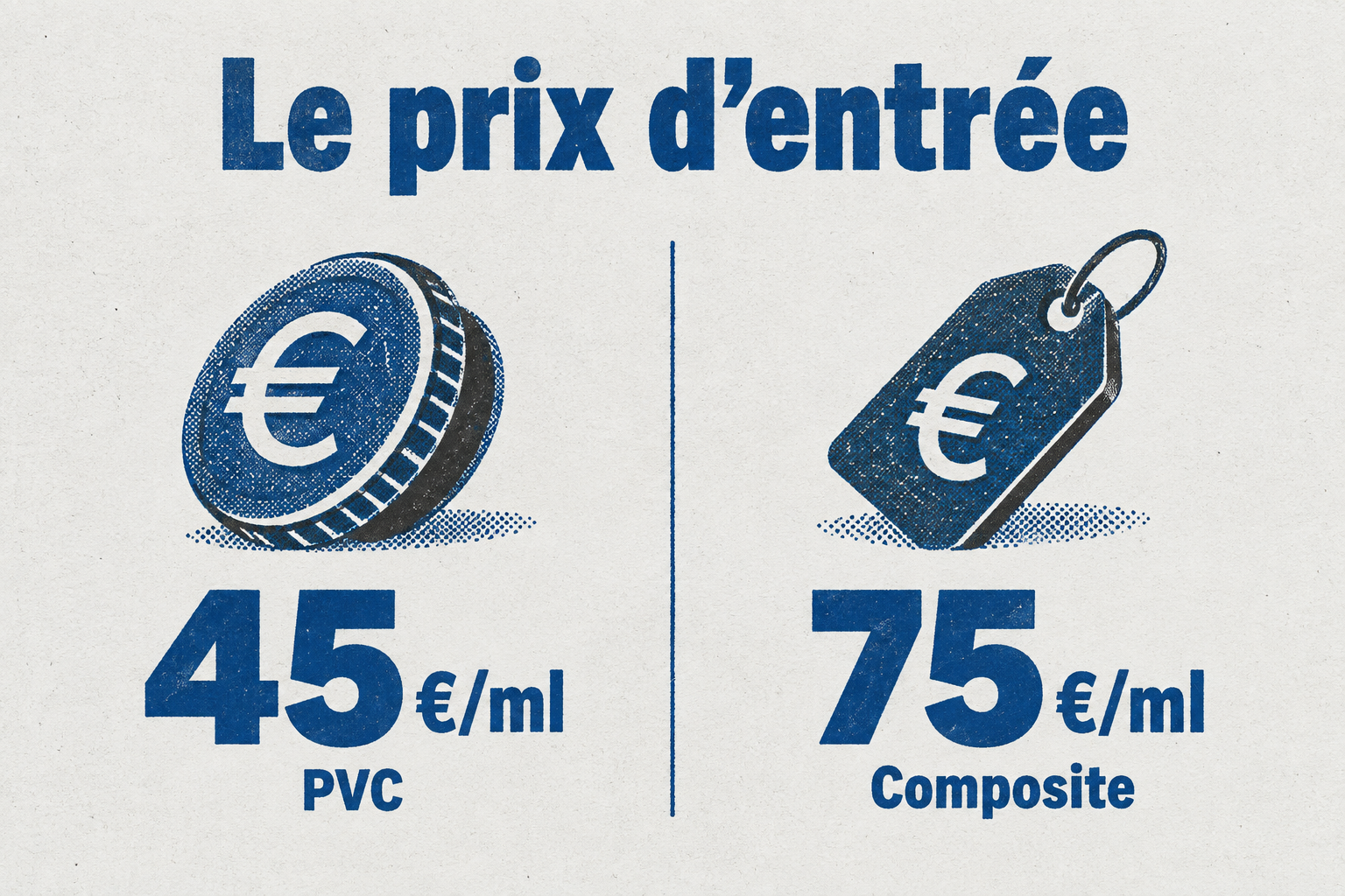 Le PVC démarre à 45 euros par mètre linéaire, le composite à 75 euros.