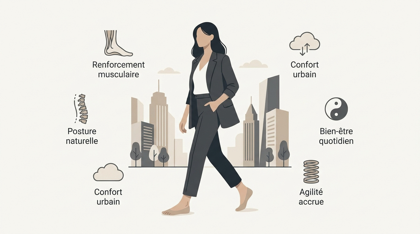Femme marchant en ville avec des chaussures barefoot élégantes et confortables