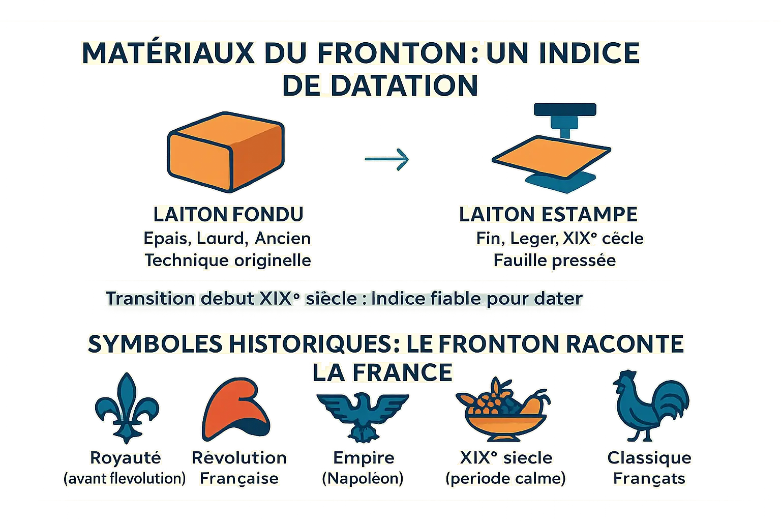 Illustration des frontons d'horloges comtoises avec différents motifs historiques