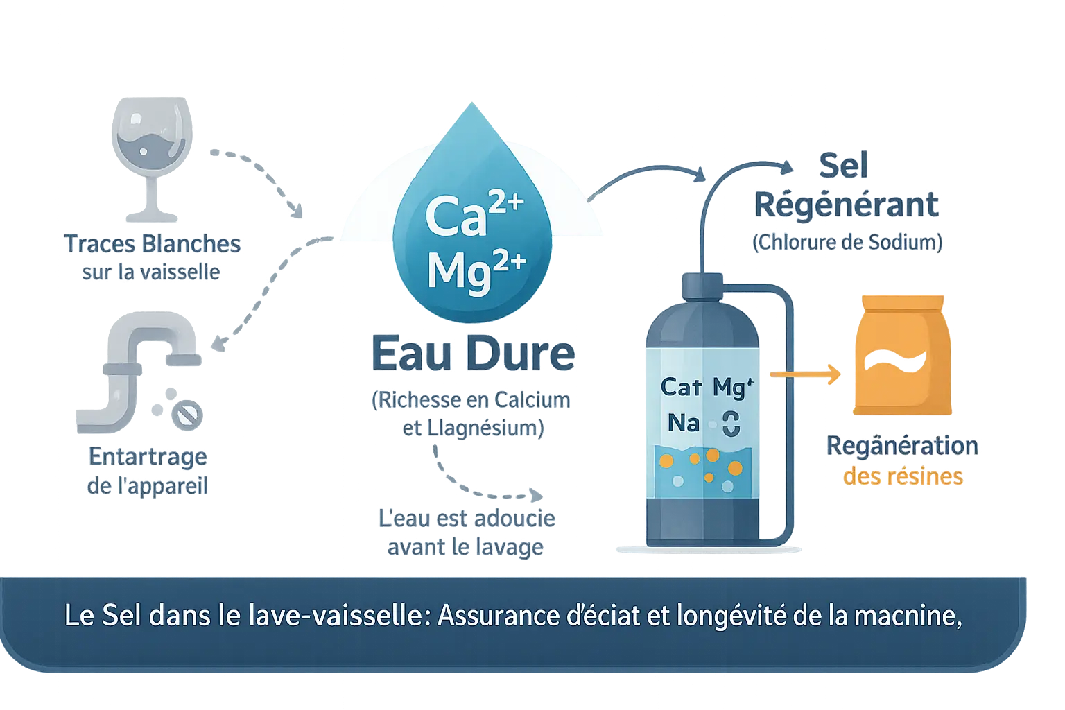 Sch&eacute;ma illustrant le r&ocirc;le du sel r&eacute;g&eacute;n&eacute;rant contre l'eau dure dans un lave-vaisselle