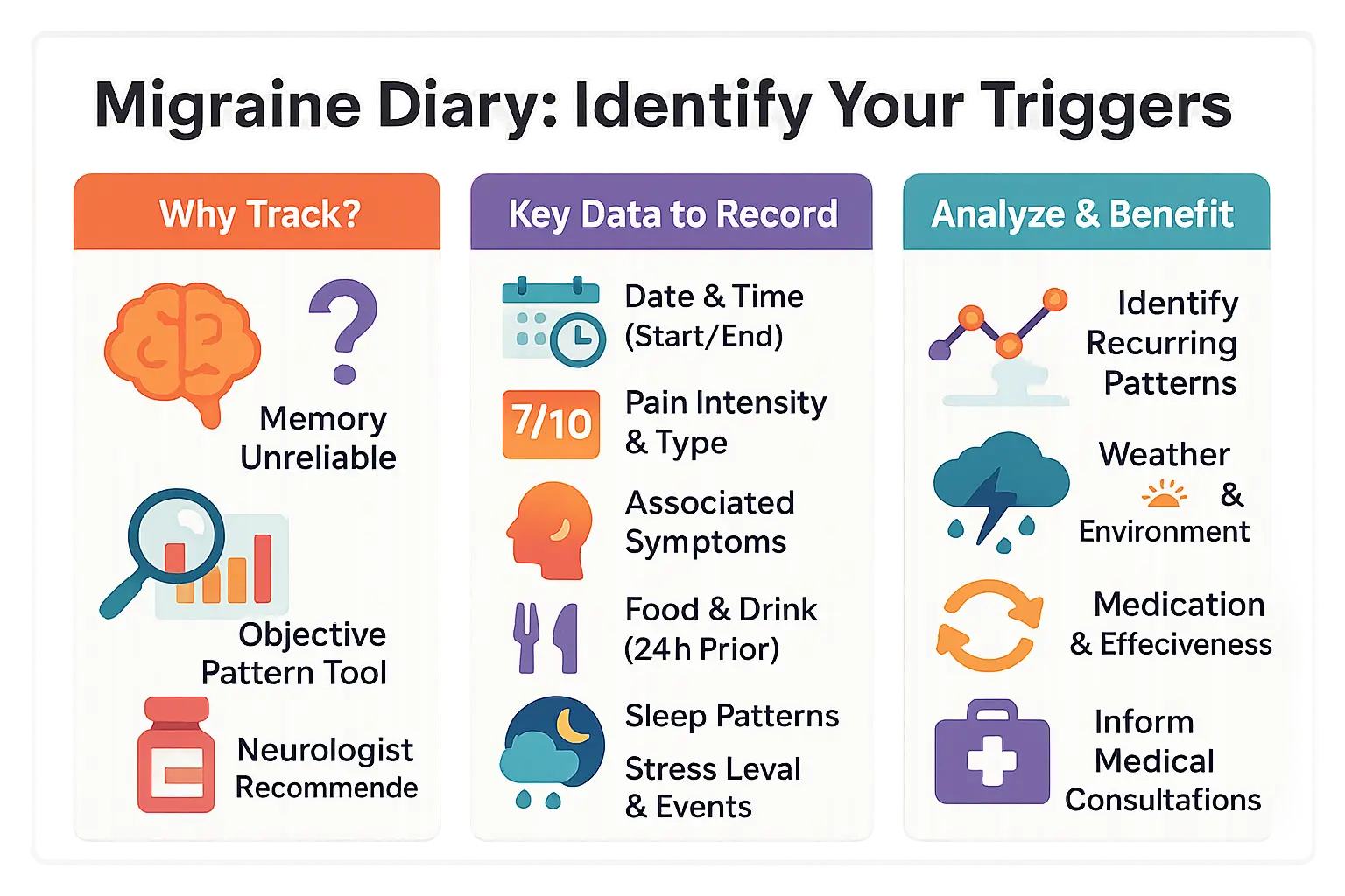 Migraine diary tracking illustration showing calendar entries with triggers and symptoms