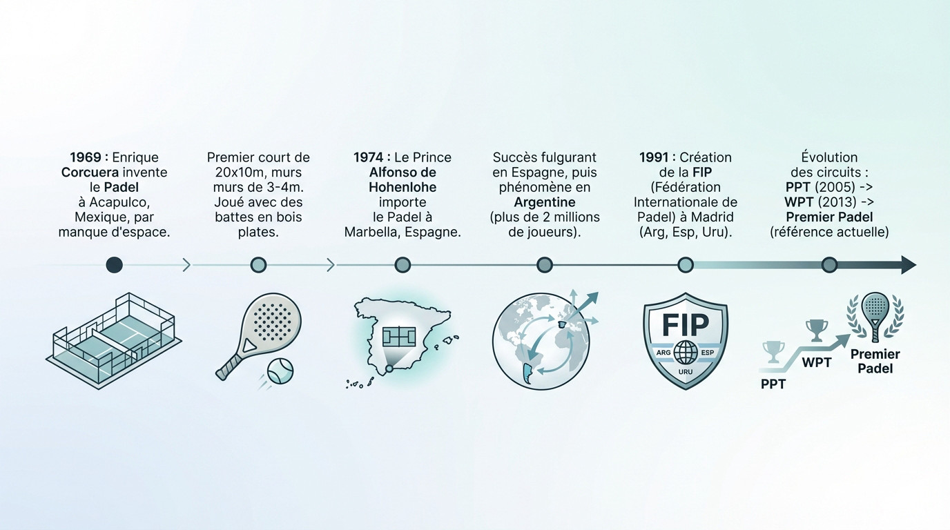 Chronologie illustrée retraçant l'origine et l'évolution du padel depuis 1969