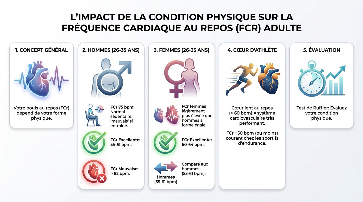 Graphique illustrant la relation entre la condition physique et la fréquence cardiaque au repos chez l'adulte