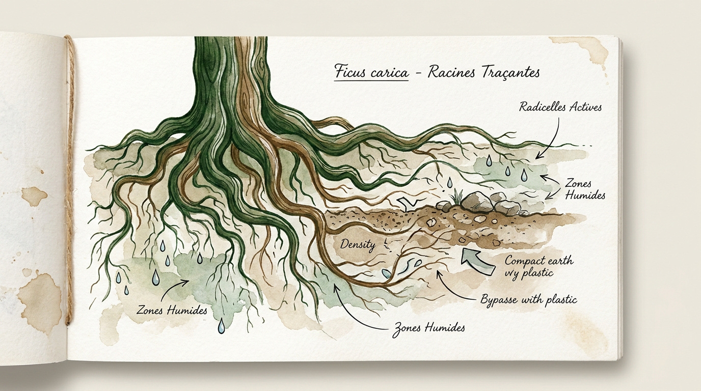 Illustration du déploiement des racines traçantes d'un figuier en pleine terre