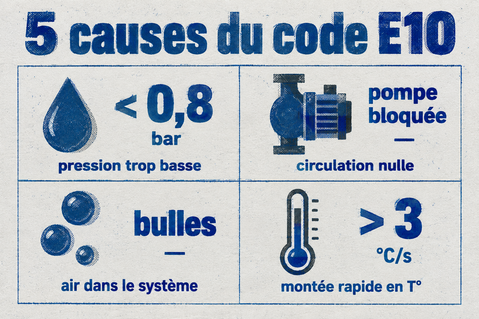 Grille des causes du code E10 : pression trop basse (< 0,8 bar), circulation nulle (pompe bloquée), air dans le système (bulles), montée rapide en température (> 3 °C/s).