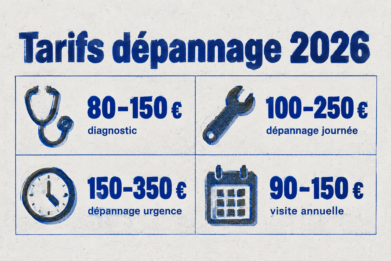 Grille des tarifs 2026 pour une chaudière : diagnostic 80–150 €, dépannage journée 100–250 €, urgence 150–350 €, visite annuelle 90–150 €.