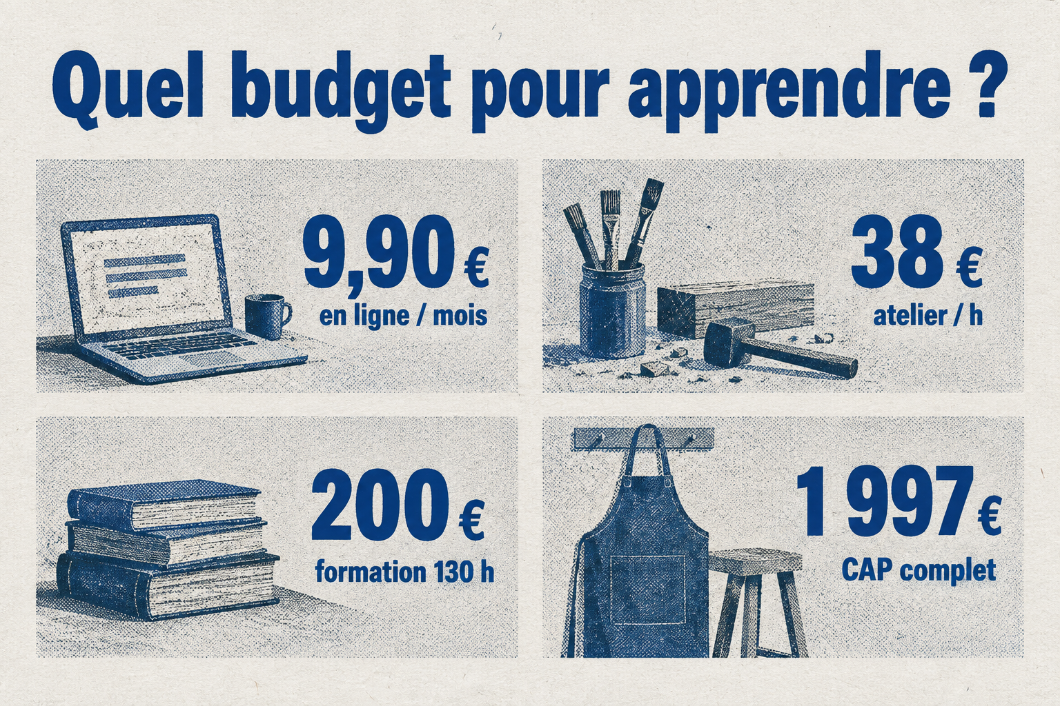 Infographie comparant quatre budgets pour apprendre à cuisiner : 9,90 € en ligne, 38 € l'atelier, 200 € la formation, 1 997 € le CAP.