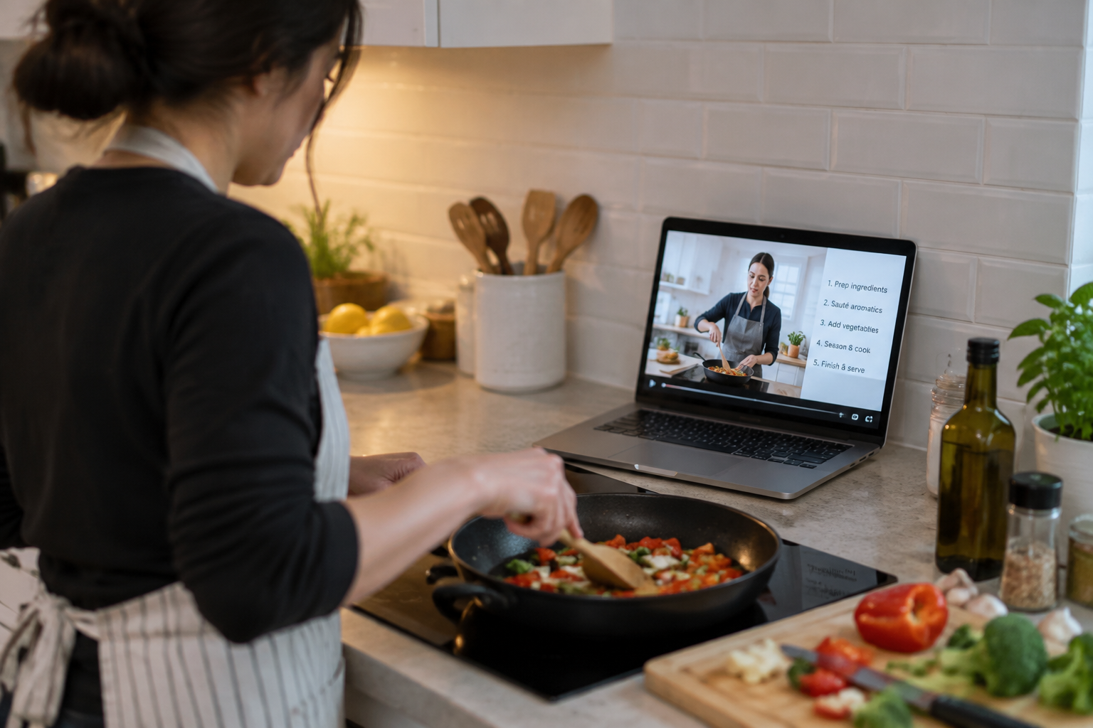 Une personne cuisine en suivant une recette sur un ordinateur portable ou une tablette.