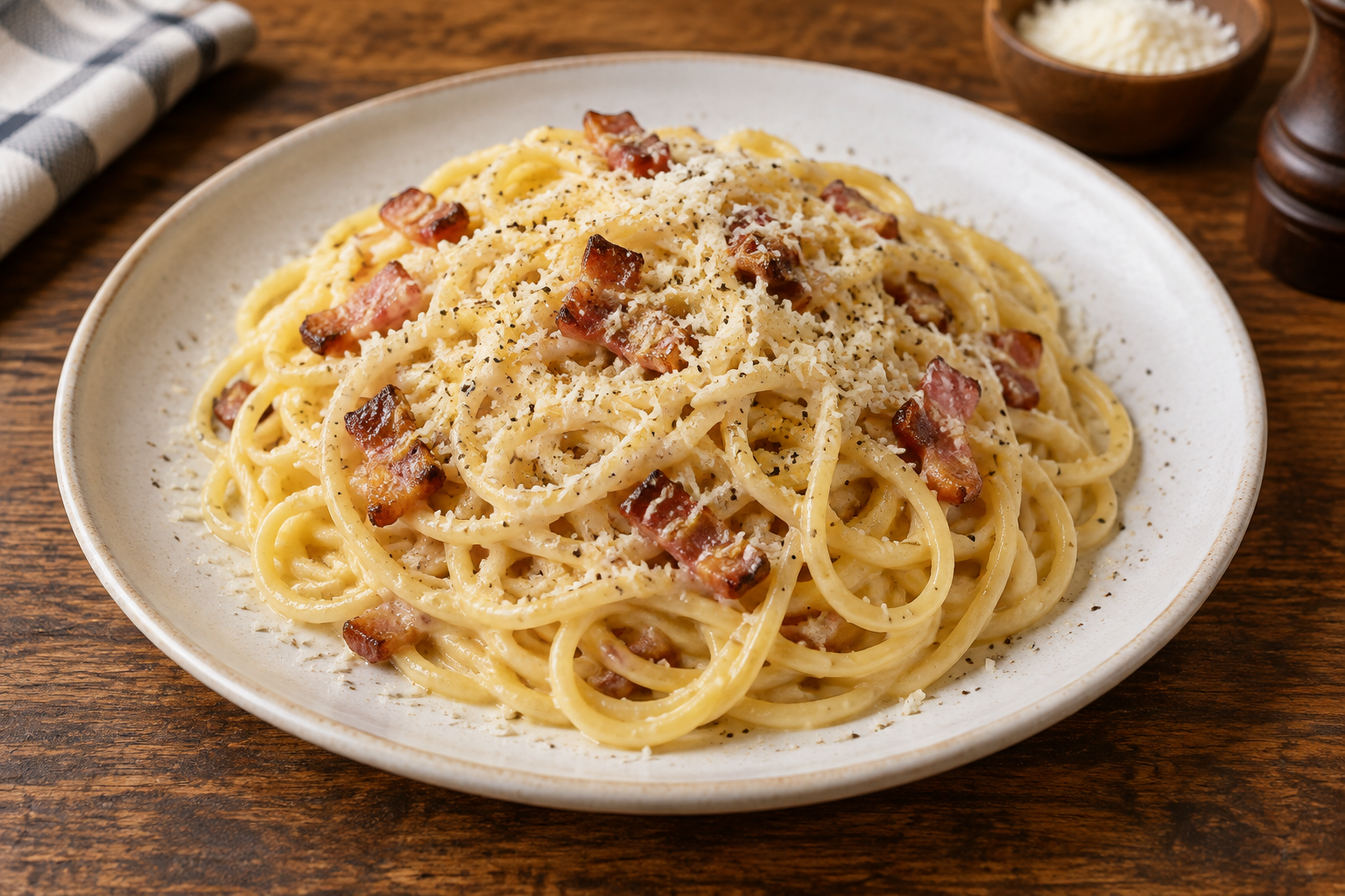 Un plat de pâtes carbonara dans une assiette.