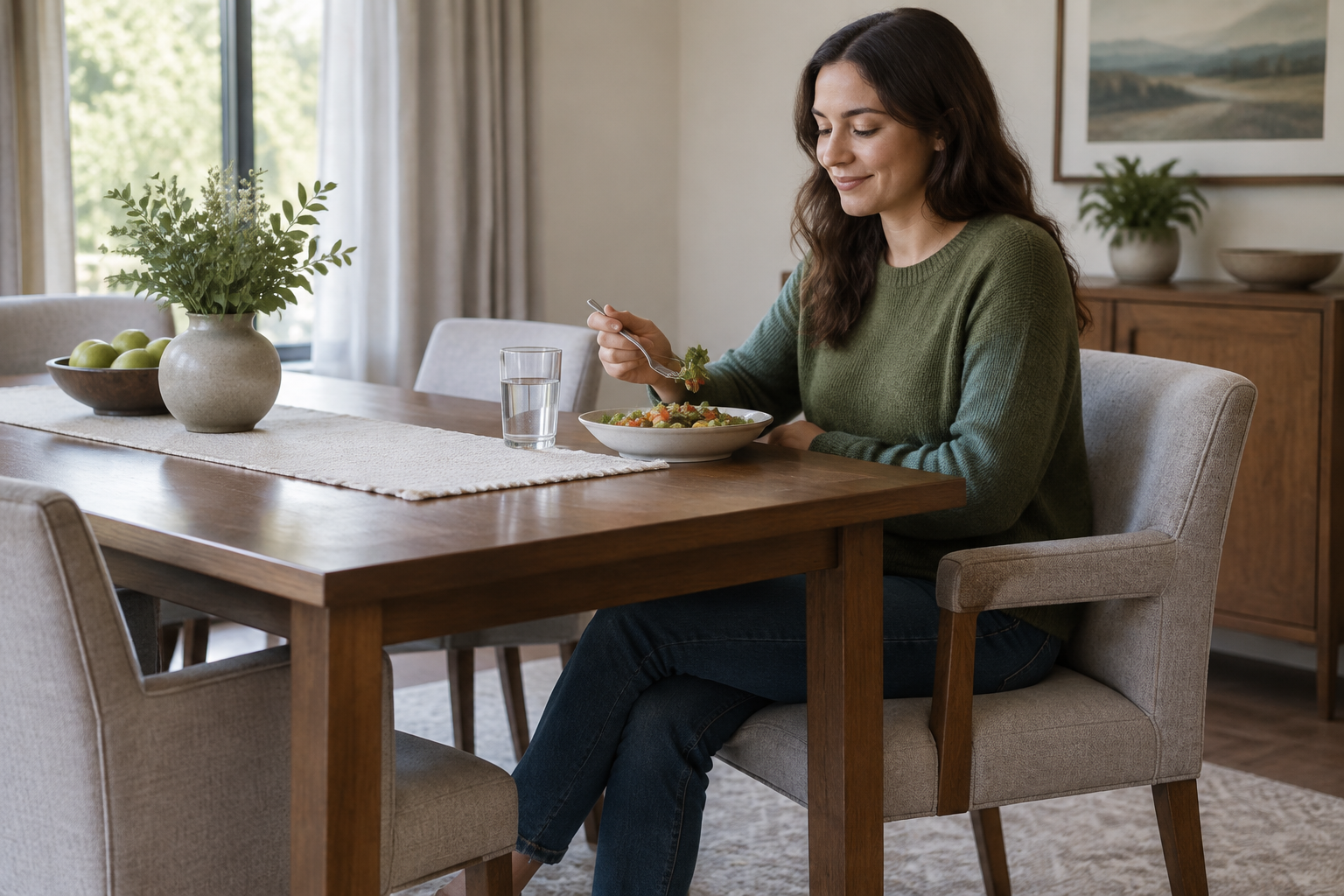 Personne assise sur une chaise avec accoudoirs autour d'une table de salle à manger.
