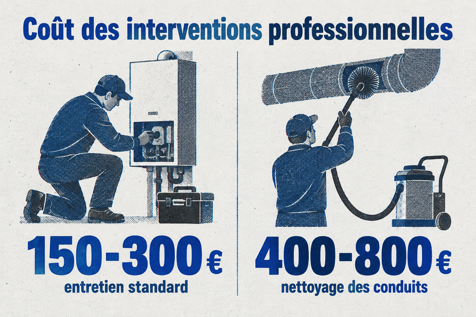 Comparaison du coût d'un entretien professionnel standard (150 à 300 €) et du nettoyage complet des conduits (400 à 800 €).