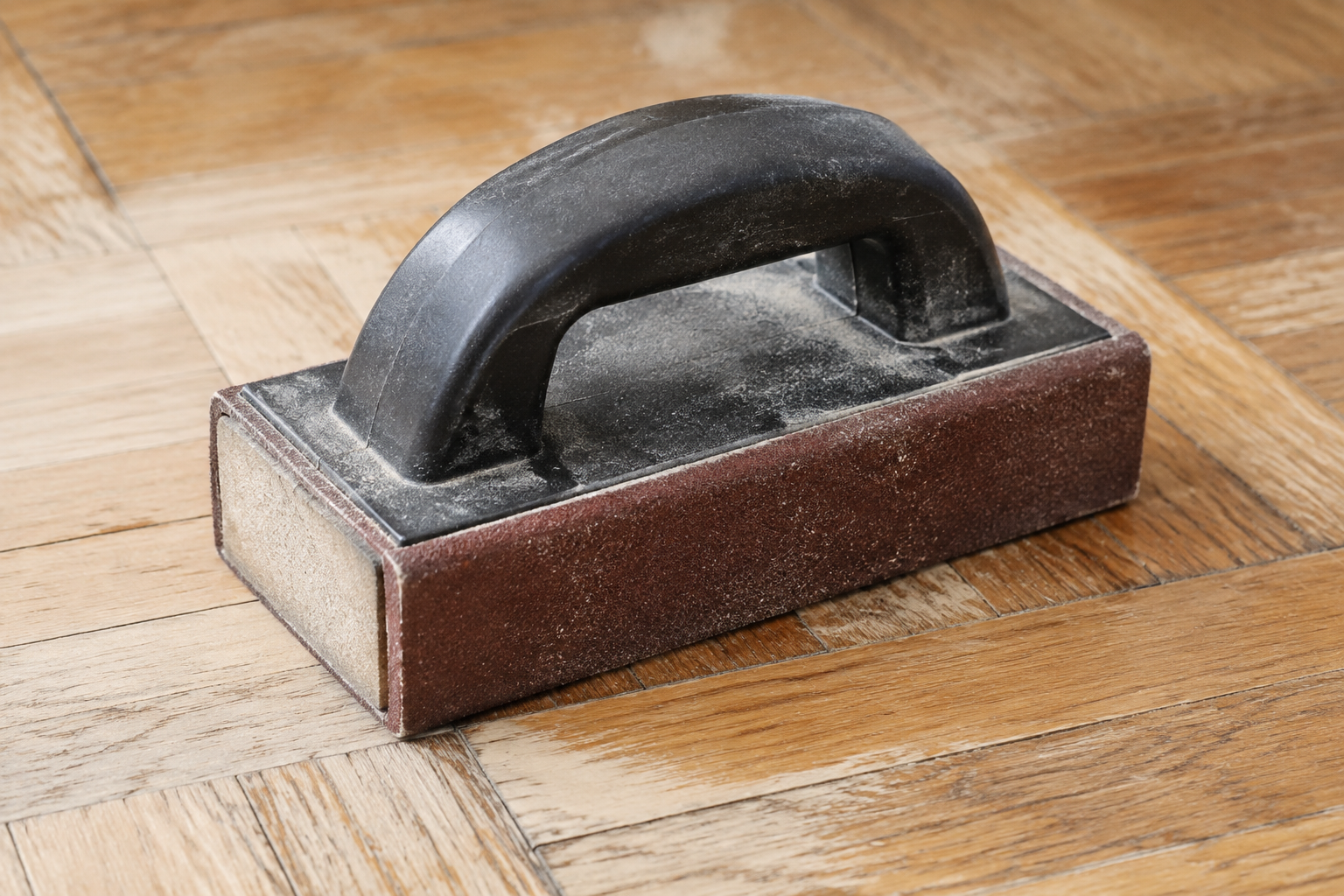 Cale à poncer avec papier abrasif posée sur un parquet en bois.