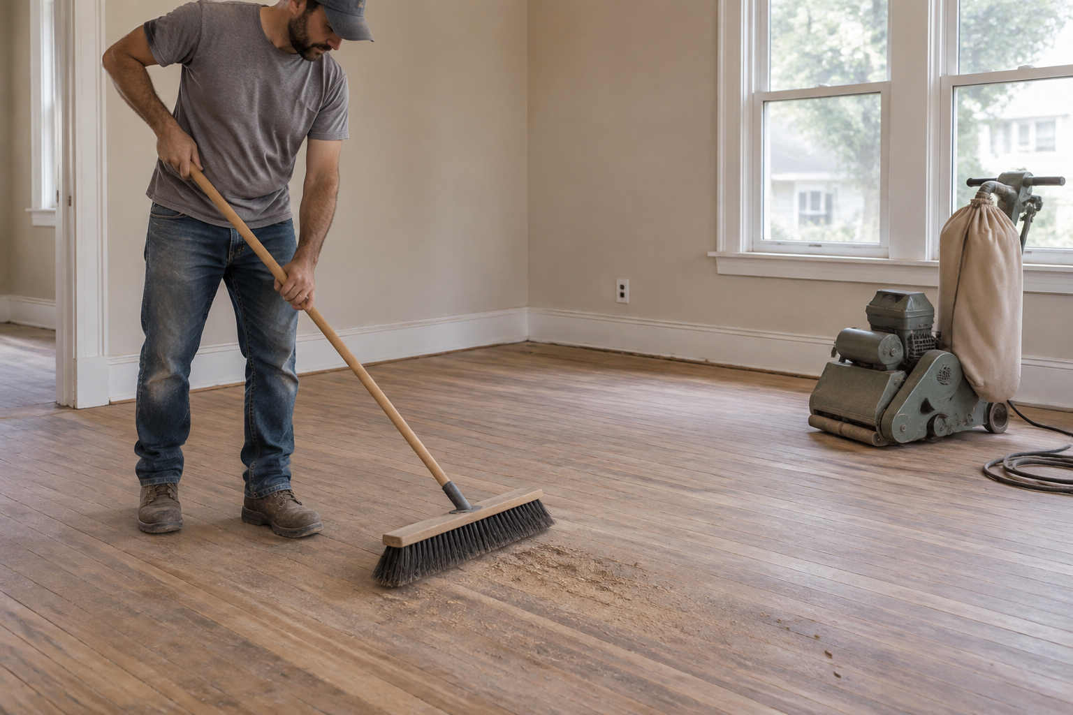 Personne balayant un parquet en bois pour préparer la surface.