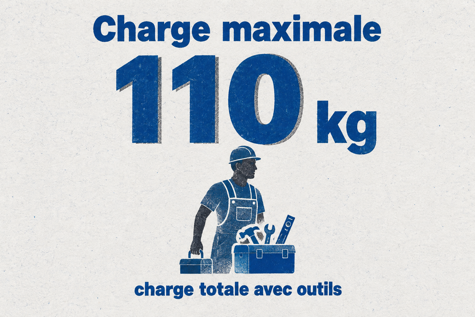Infographie mentionnant une charge totale de 110 kg, soit l'exemple d'un utilisateur de 80 kg avec 30 kg d'outils.