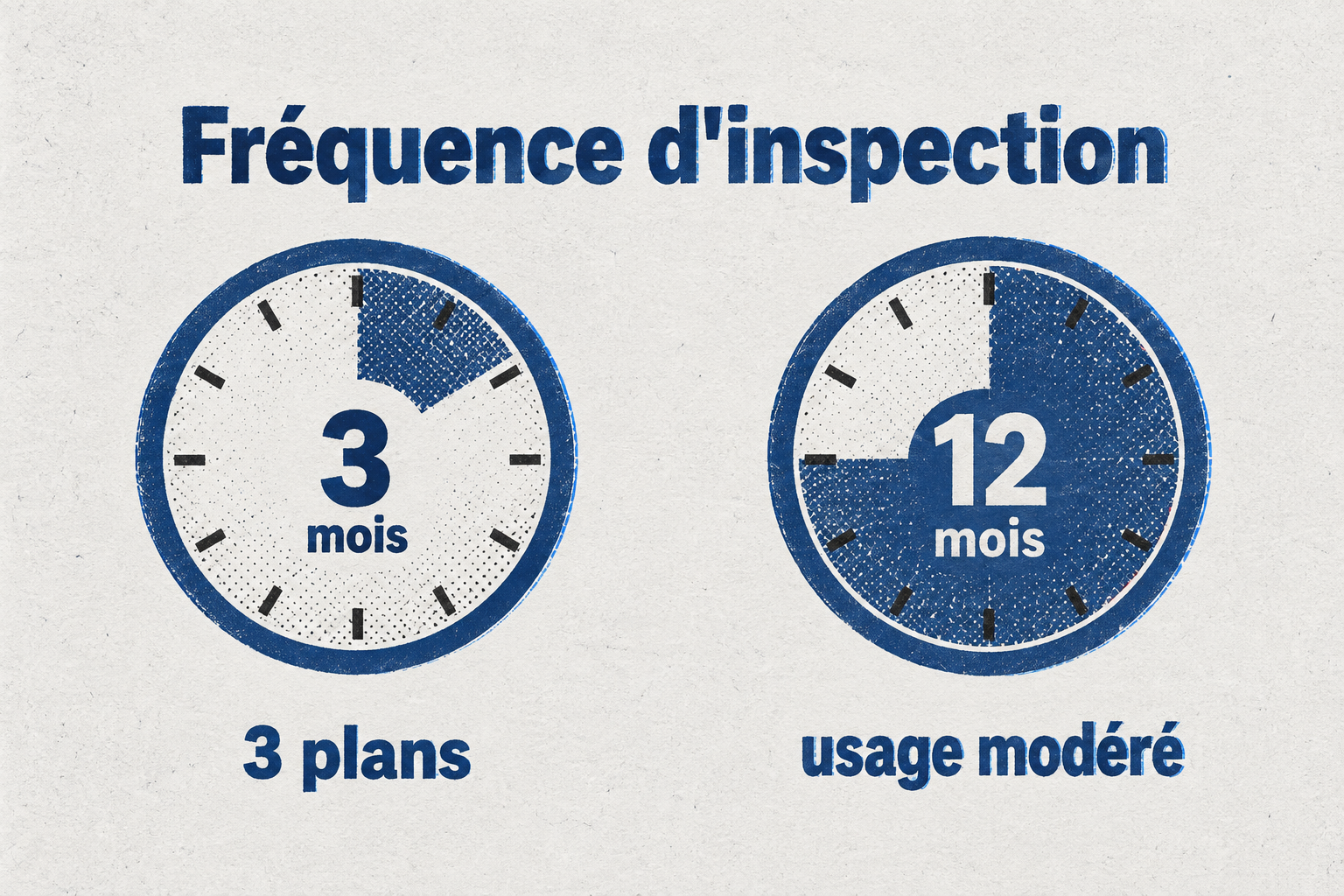 Infographie comparant les fréquences d'inspection : tous les 3 mois pour une échelle 3 plans, tous les 12 mois pour un usage modéré.