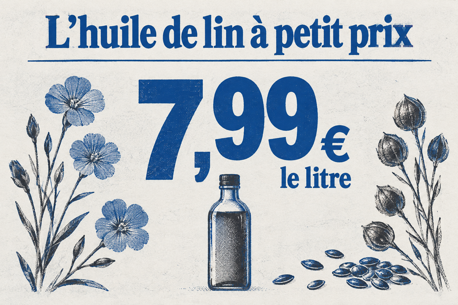 Chiffre unique 7,99 euros le litre, prix indicatif de l'huile de lin.