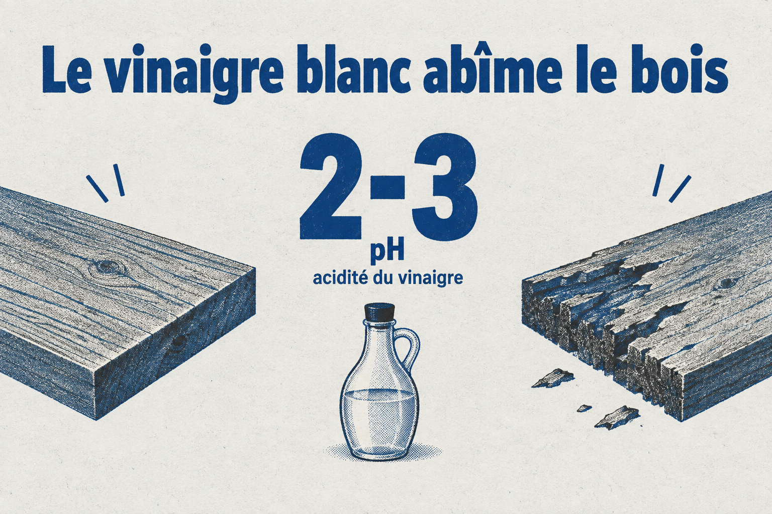 Chiffre unique pH 2-3, acidité du vinaigre blanc qui abîme le bois brut.