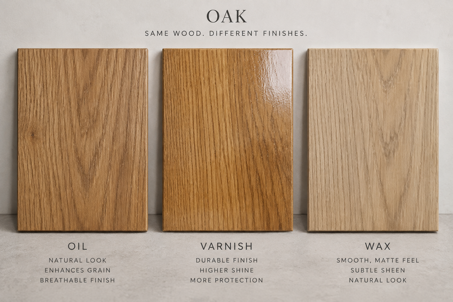 Échantillons de bois avec différentes finitions : huile, vernis, cire