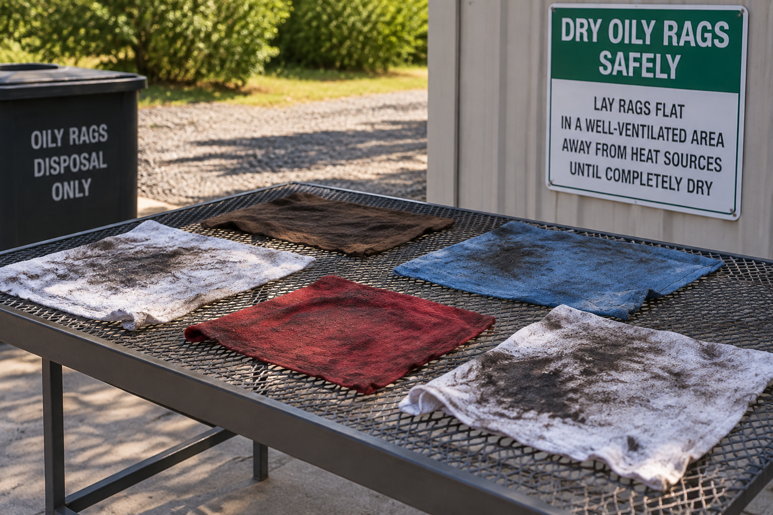 Chiffons imbibés d'huile étalés à plat pour sécher