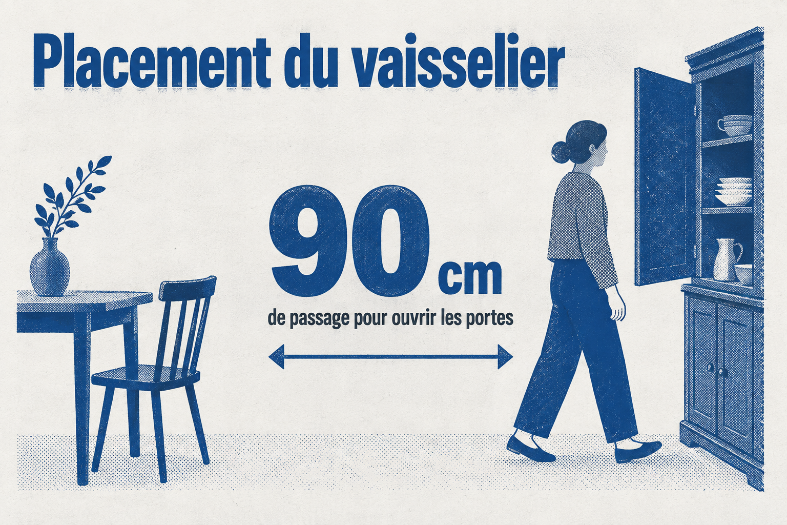 Il faut garder au moins 90 cm de passage devant le vaisselier pour ouvrir ses portes sans contrainte.