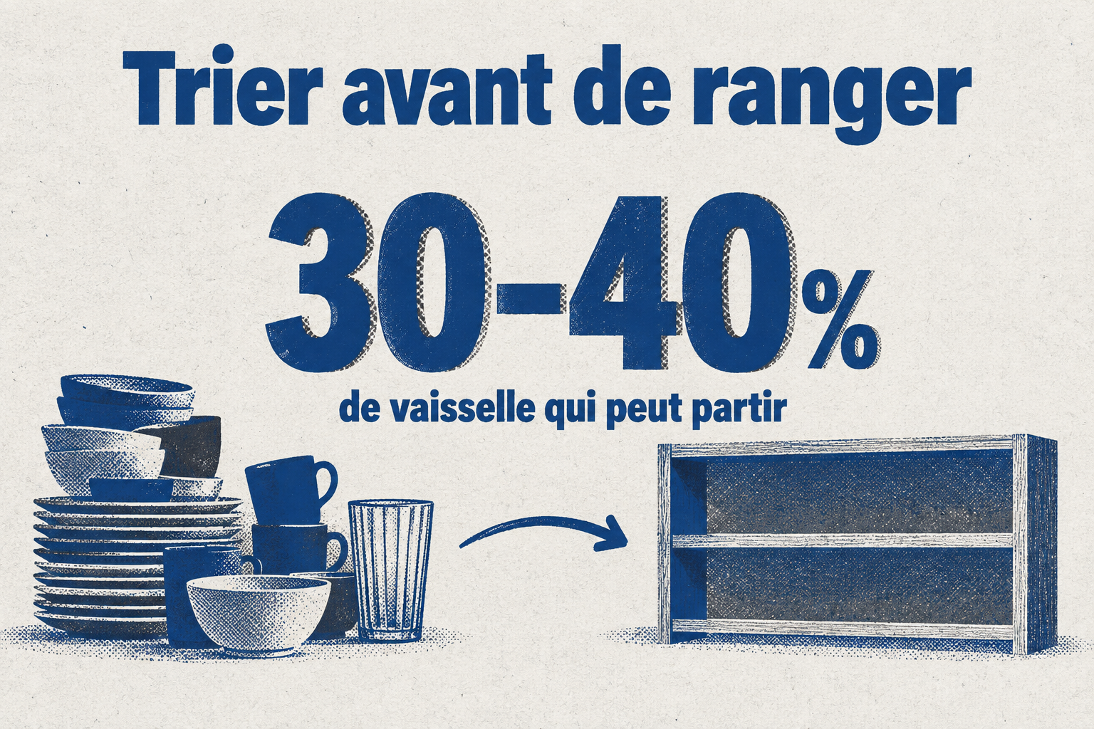 Le tri retire 30 à 40 % des objets du vaisselier avant de réorganiser le meuble.