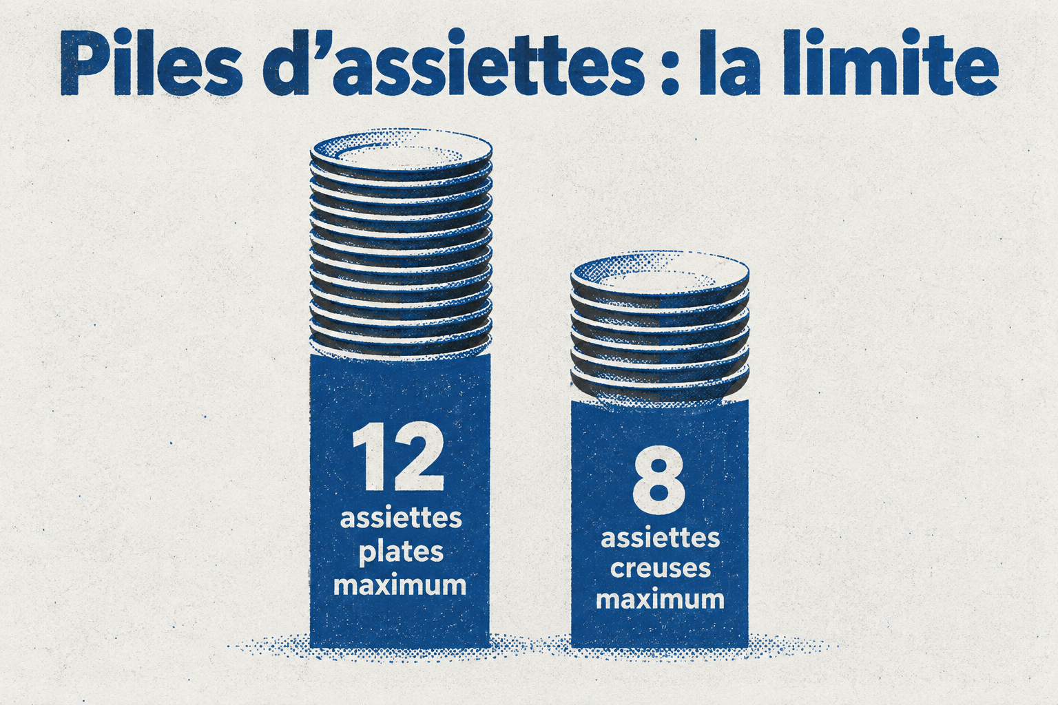 Une pile d'assiettes ne dépasse jamais 12 assiettes plates ni 8 assiettes creuses.