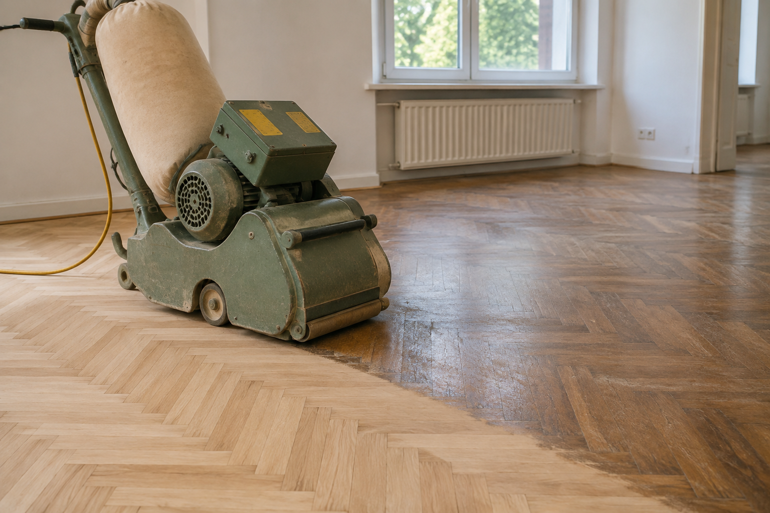 Ponceuse à parquet en action sur un sol en bois