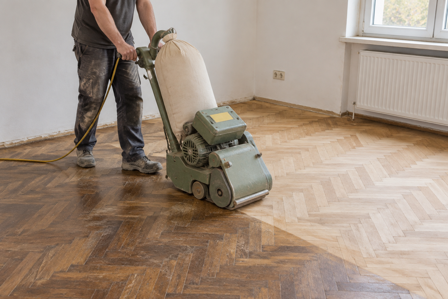 Ponçage d'un parquet ancien à la ponceuse à bande