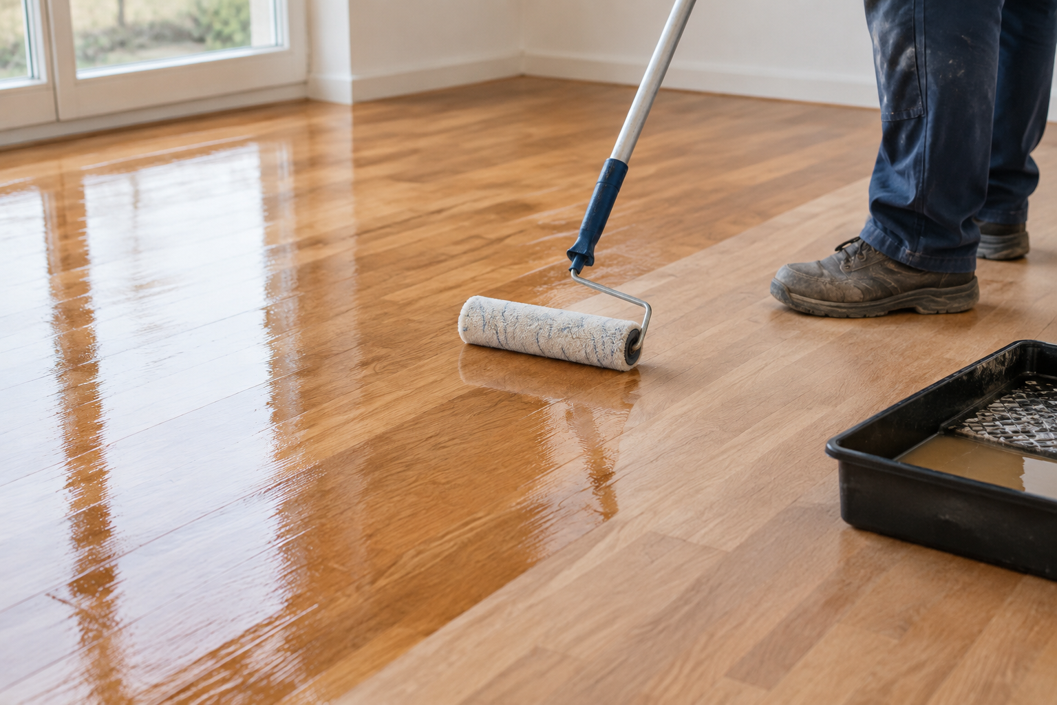 Application du vitrificateur sur un parquet à l'aide d'un rouleau