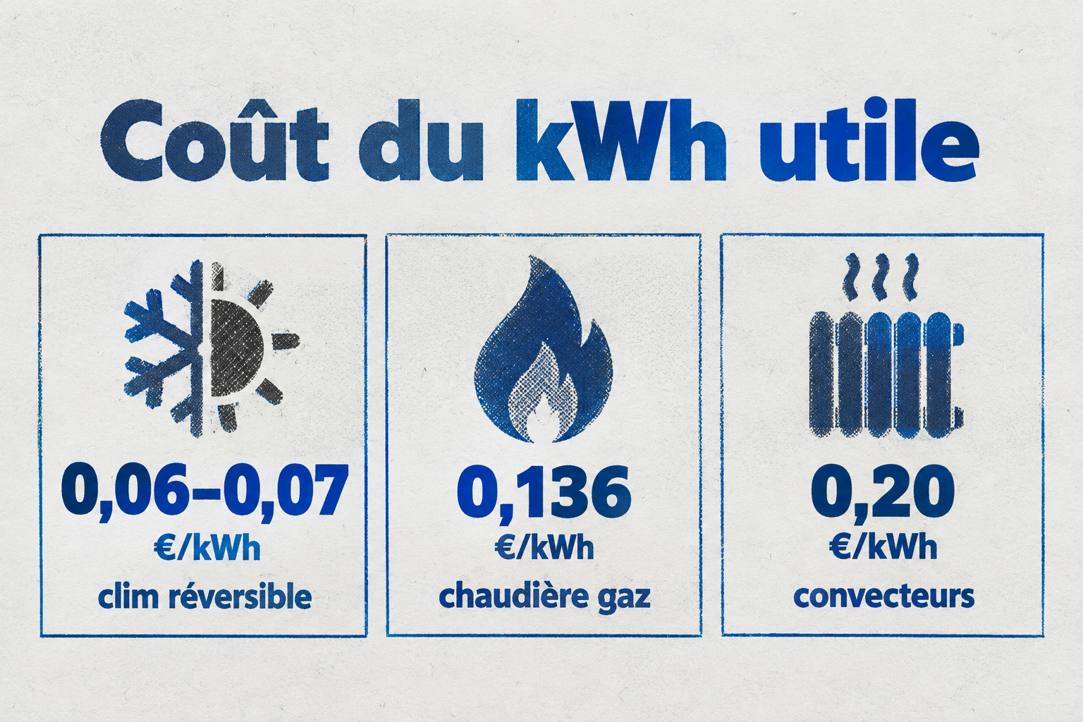 Comparaison du coût du kWh de chaleur : 0,06–0,07 € pour la clim, 0,136 € pour le gaz, 0,20 € pour l'électrique.