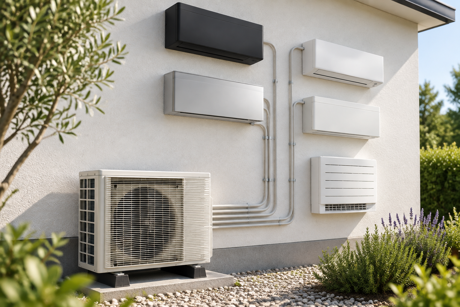 Un climatiseur Daikin multisplit installé à l'extérieur d'une maison.