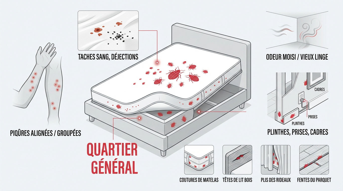 Indices visuels et nids de punaises de lit dans un appartement à Brest