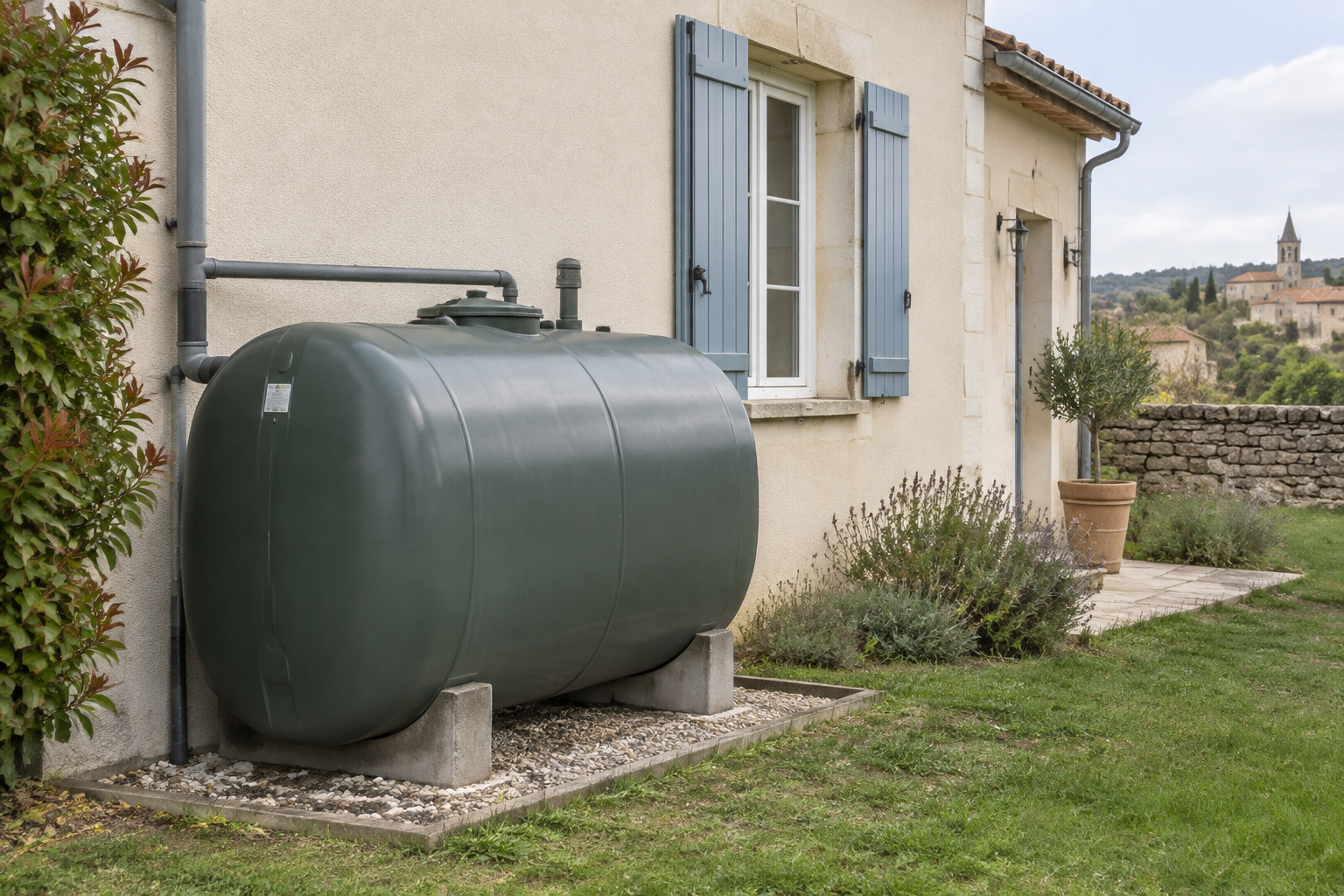 Cuve de fioul extérieure à côté d'une maison de banlieue