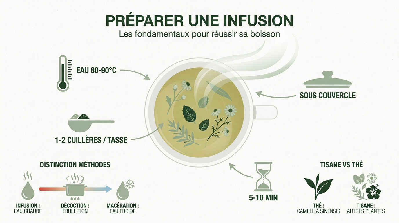 Infographie détaillant les étapes pour préparer une infusion parfaite avec les dosages et températures